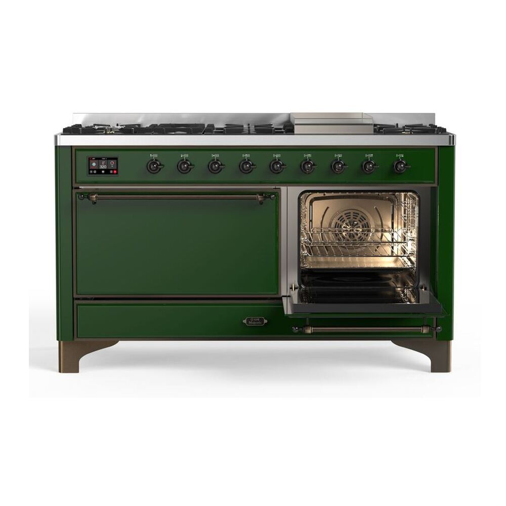 ILVE Majestic II 60 inch Solid Door Natural Gas Dual Fuel Range Burnished Emerald Green