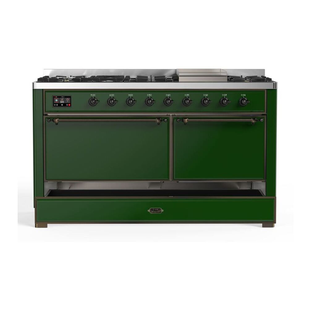 ILVE Majestic II 60 inch Solid Door Natural Gas Dual Fuel Range Burnished Emerald Green