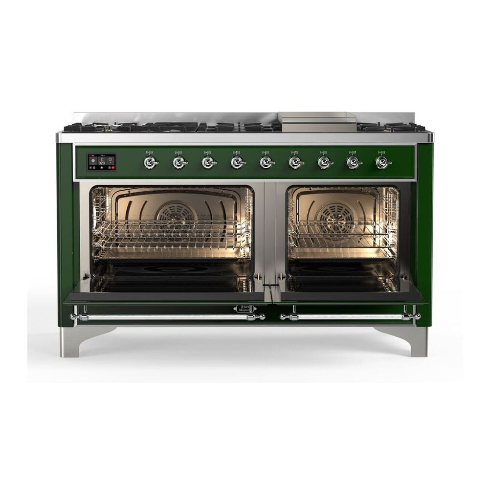 ILVE Majestic II 60 inch Solid Door Natural Gas Dual Fuel Range Chrome Emerald Green
