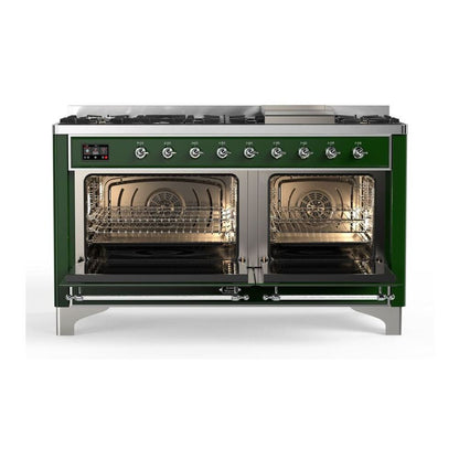 ILVE Majestic II 60 inch Solid Door Natural Gas Dual Fuel Range Chrome Emerald Green