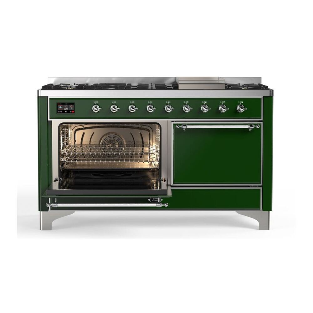 ILVE Majestic II 60 inch Solid Door Natural Gas Dual Fuel Range Chrome Emerald Green