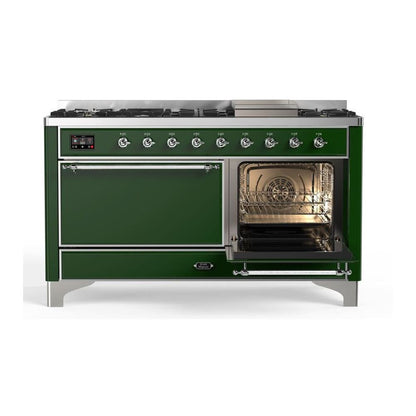 ILVE Majestic II 60 inch Solid Door Natural Gas Dual Fuel Range Chrome Emerald Green