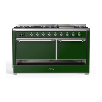 ILVE Majestic II 60 inch Solid Door Natural Gas Dual Fuel Range Chrome Emerald Green