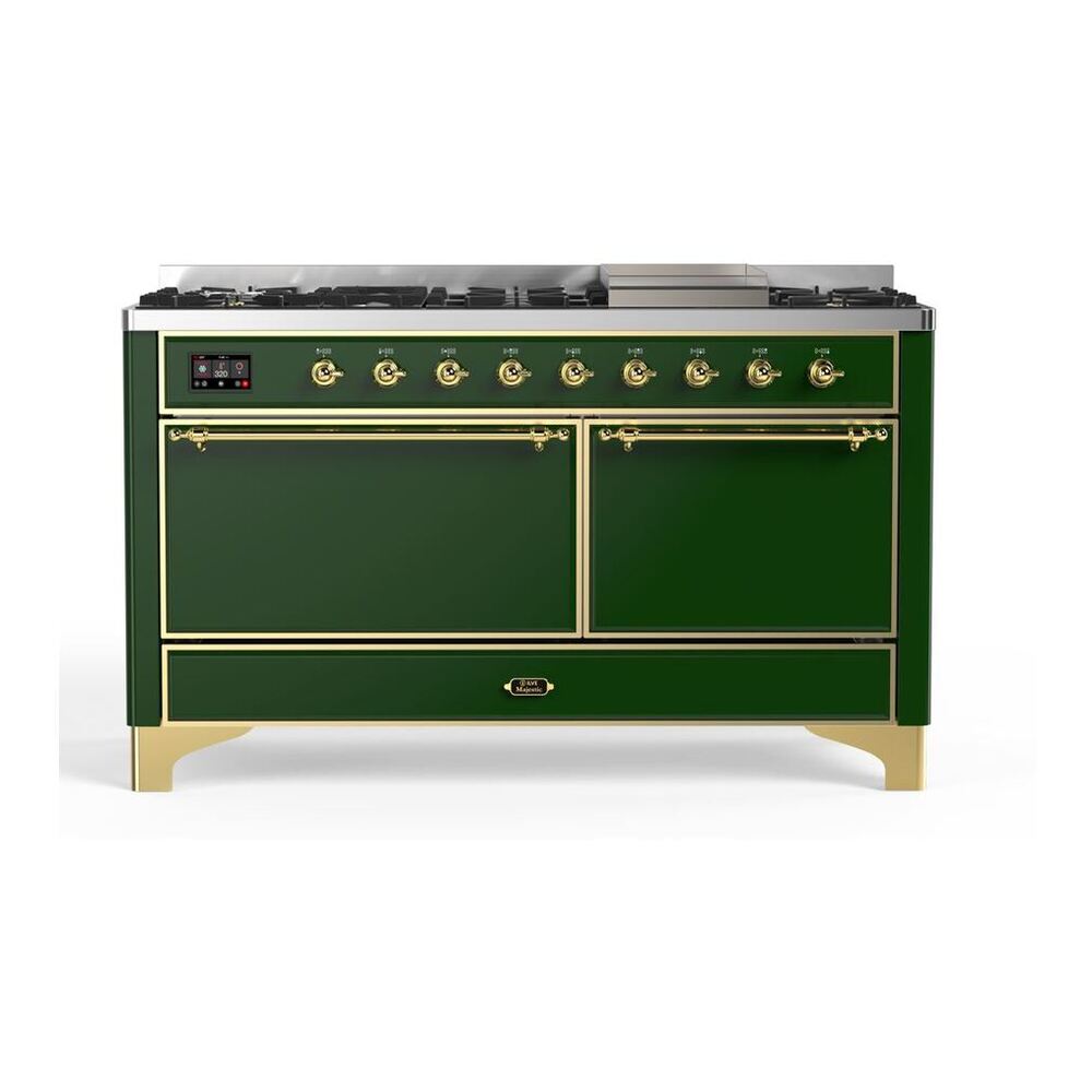 ILVE Majestic II 60 inch Solid Door Natural Gas Dual Fuel Range Brass Emerald Green