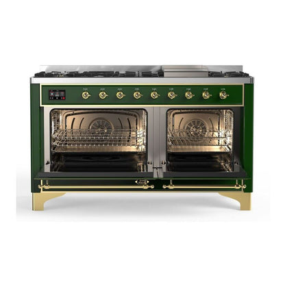 ILVE Majestic II 60 inch Solid Door Natural Gas Dual Fuel Range Brass Emerald Green