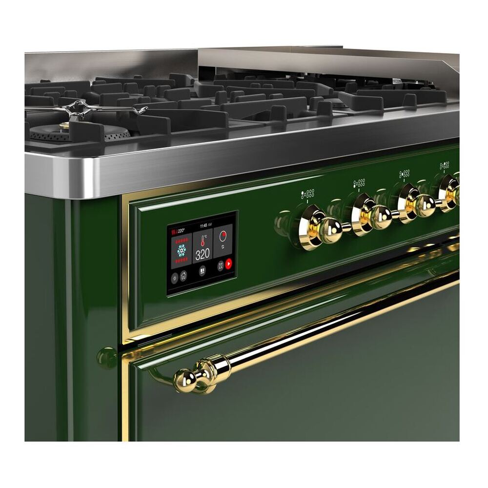 ILVE Majestic II 60 inch Solid Door Natural Gas Dual Fuel Range Brass Emerald Green