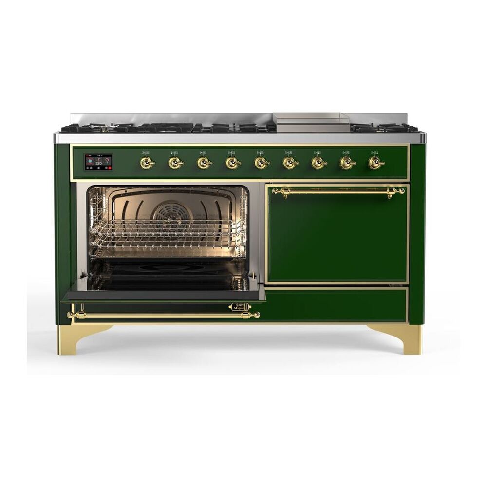 ILVE Majestic II 60 inch Solid Door Natural Gas Dual Fuel Range Brass Emerald Green