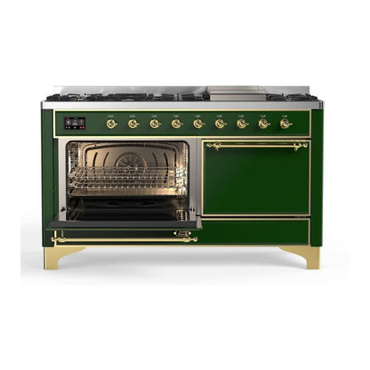 ILVE Majestic II 60 inch Solid Door Natural Gas Dual Fuel Range Brass Emerald Green