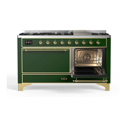 ILVE Majestic II 60 inch Solid Door Natural Gas Dual Fuel Range Brass Emerald Green