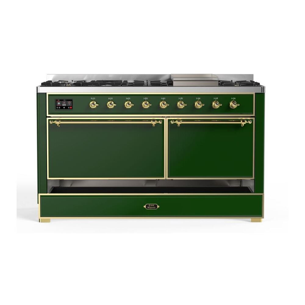 ILVE Majestic II 60 inch Solid Door Natural Gas Dual Fuel Range Brass Emerald Green
