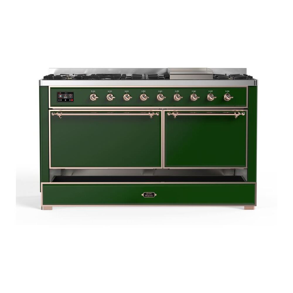 ILVE Majestic II 60 inch Solid Door Natural Gas Dual Fuel Range Copper Emerald Green