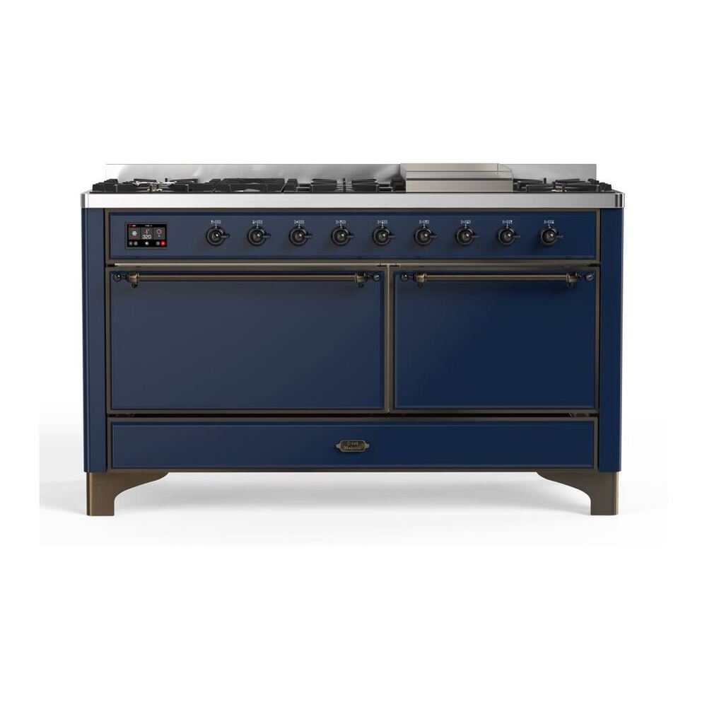 ILVE Majestic II 60" Midnight Blue Dual Fuel Range with 9 Burners and Griddle Solid Door Liquid Propane