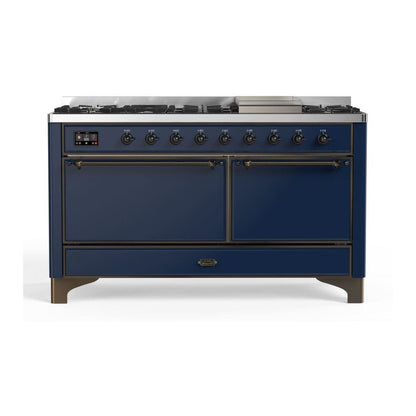 ILVE Majestic II 60" Midnight Blue Dual Fuel Range with 9 Burners and Griddle Solid Door Liquid Propane