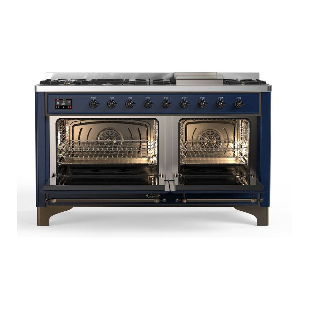 ILVE Majestic II 60" Midnight Blue Dual Fuel Range with 9 Burners and Griddle Solid Door Liquid Propane