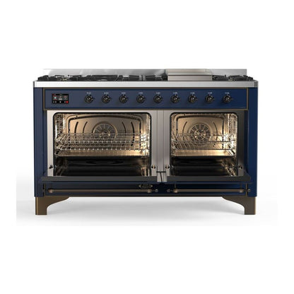 ILVE Majestic II 60" Midnight Blue Dual Fuel Range with 9 Burners and Griddle Solid Door Liquid Propane