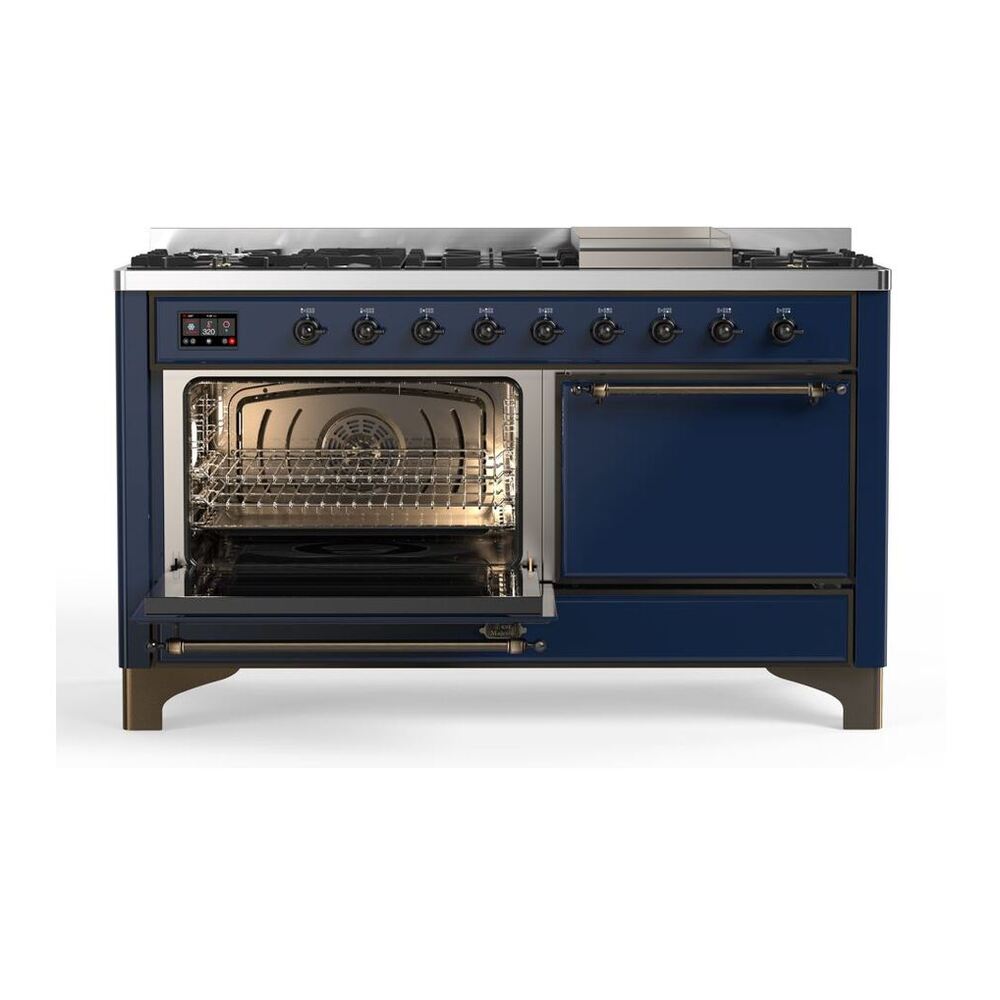 ILVE Majestic II 60" Midnight Blue Dual Fuel Range with 9 Burners and Griddle Solid Door Liquid Propane