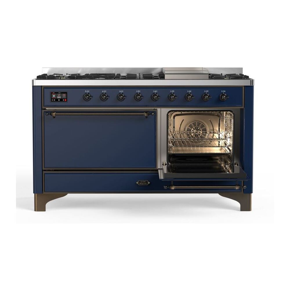ILVE Majestic II 60" Midnight Blue Dual Fuel Range with 9 Burners and Griddle Solid Door Liquid Propane