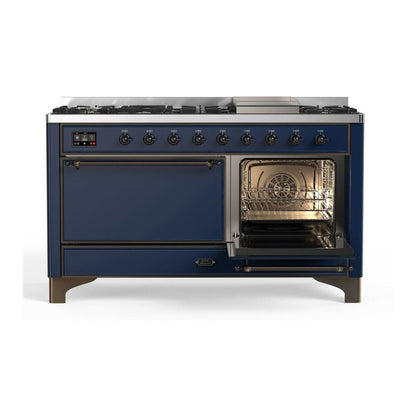 ILVE Majestic II 60" Midnight Blue Dual Fuel Range with 9 Burners and Griddle Solid Door Liquid Propane