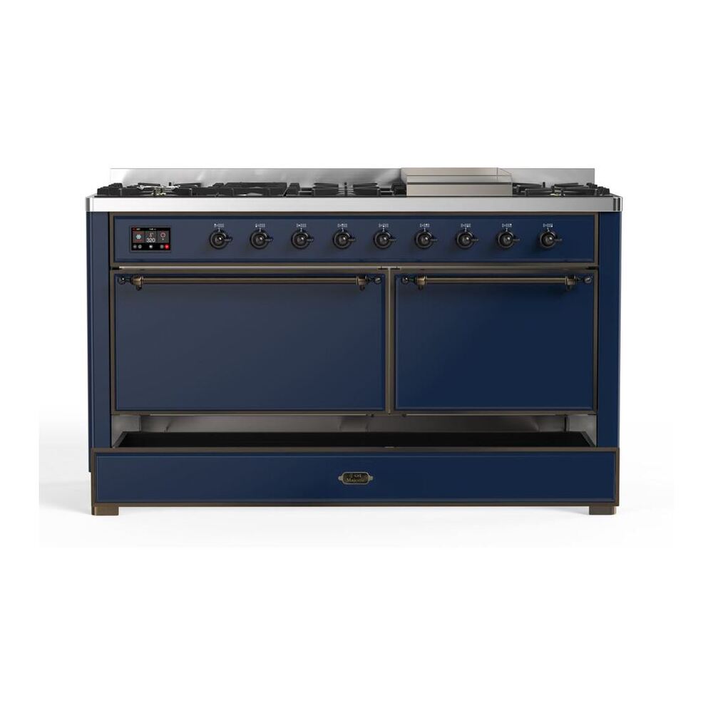 ILVE Majestic II 60" Midnight Blue Dual Fuel Range with 9 Burners and Griddle Solid Door Liquid Propane