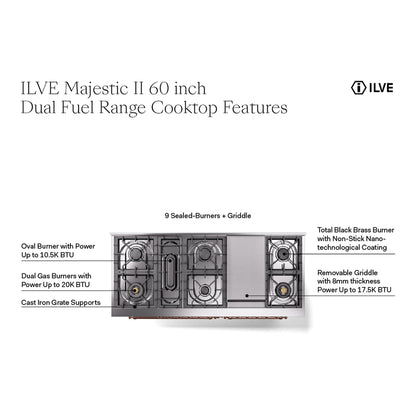 ILVE Majestic II 60" Midnight Blue Dual Fuel Range with 9 Burners and Griddle Solid Door Liquid Propane