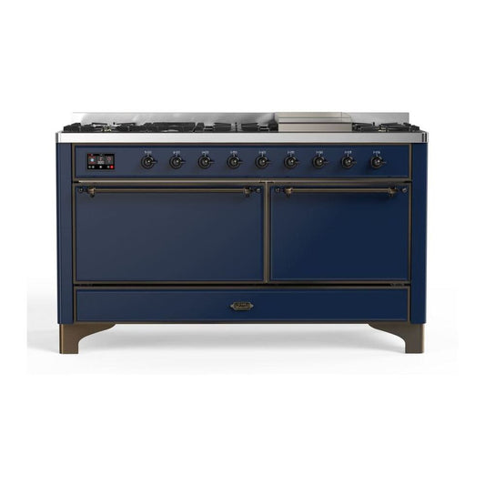 ILVE Majestic II 60" Midnight Blue Dual Fuel Range with 9 Burners and Griddle Solid Door Natural Gas