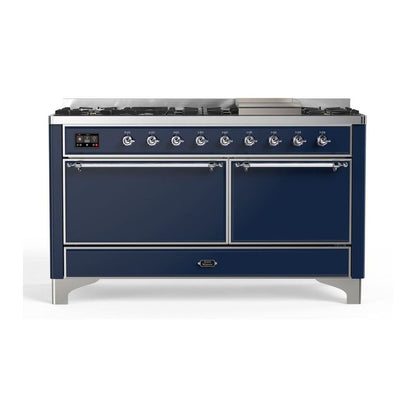 ILVE Majestic II 60" Midnight Blue Dual Fuel Range with 9 Burners and Griddle Solid Door Liquid Propane