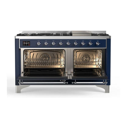 ILVE Majestic II 60 inch Solid Door Natural Gas Dual Fuel Range Chrome Midnight Blue