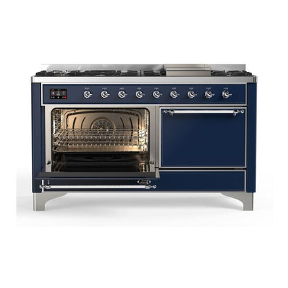 ILVE Majestic II 60 inch Solid Door Natural Gas Dual Fuel Range Chrome Midnight Blue