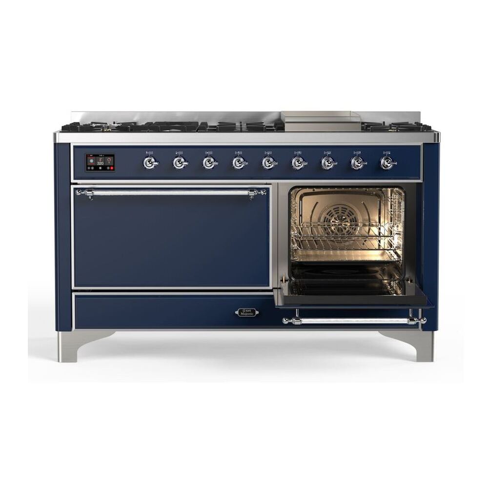 ILVE Majestic II 60 inch Solid Door Natural Gas Dual Fuel Range Chrome Midnight Blue