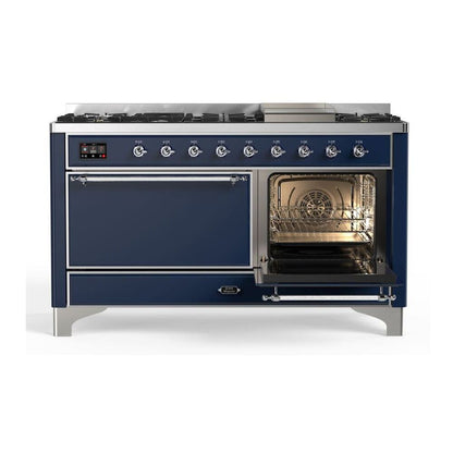 ILVE Majestic II 60 inch Solid Door Natural Gas Dual Fuel Range Chrome Midnight Blue