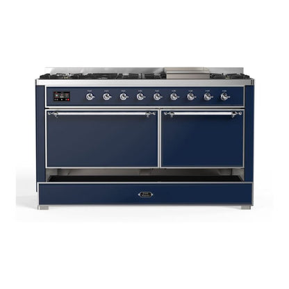ILVE Majestic II 60 inch Solid Door Natural Gas Dual Fuel Range Chrome Midnight Blue