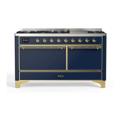ILVE Majestic II 60" Midnight Blue Dual Fuel Range with 9 Burners and Griddle Solid Door Liquid Propane