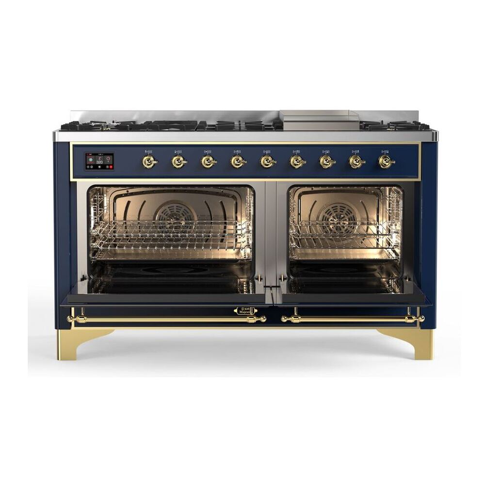 ILVE Majestic II 60 inch Solid Door Natural Gas Dual Fuel Range Brass Midnight Blue