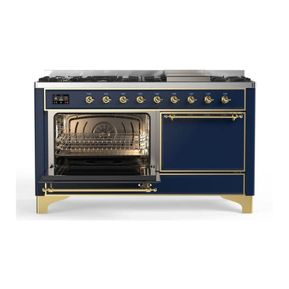ILVE Majestic II 60 inch Solid Door Natural Gas Dual Fuel Range Brass Midnight Blue
