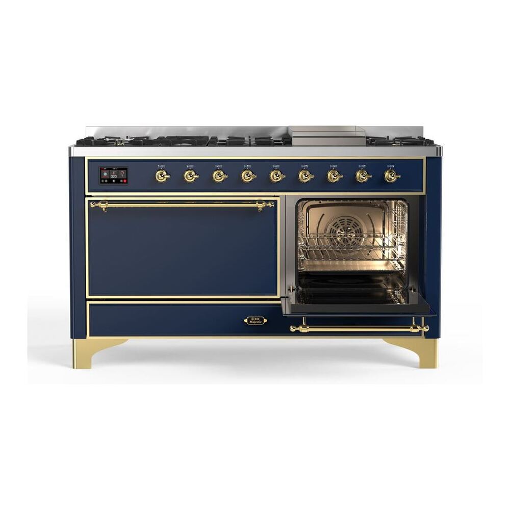 ILVE Majestic II 60 inch Solid Door Natural Gas Dual Fuel Range Brass Midnight Blue