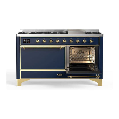 ILVE Majestic II 60 inch Solid Door Natural Gas Dual Fuel Range Brass Midnight Blue