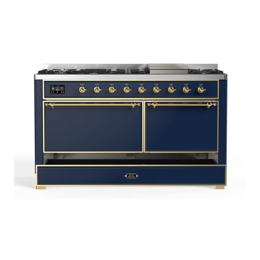 ILVE Majestic II 60 inch Solid Door Natural Gas Dual Fuel Range Brass Midnight Blue