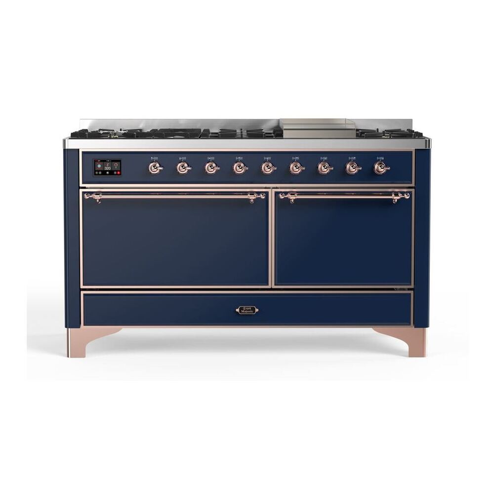 ILVE Majestic II 60" Midnight Blue Dual Fuel Range with 9 Burners and Griddle Solid Door Liquid Propane
