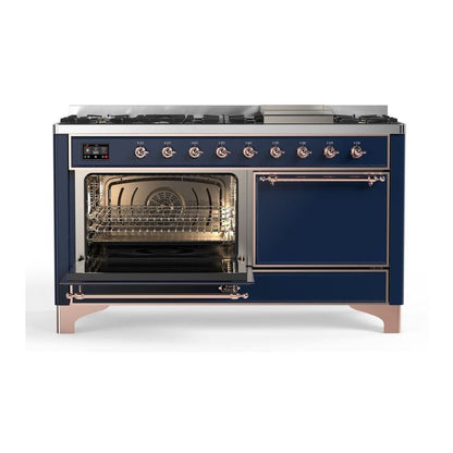 ILVE Majestic II 60 inch Solid Door Natural Gas Dual Fuel Range Copper Midnight Blue