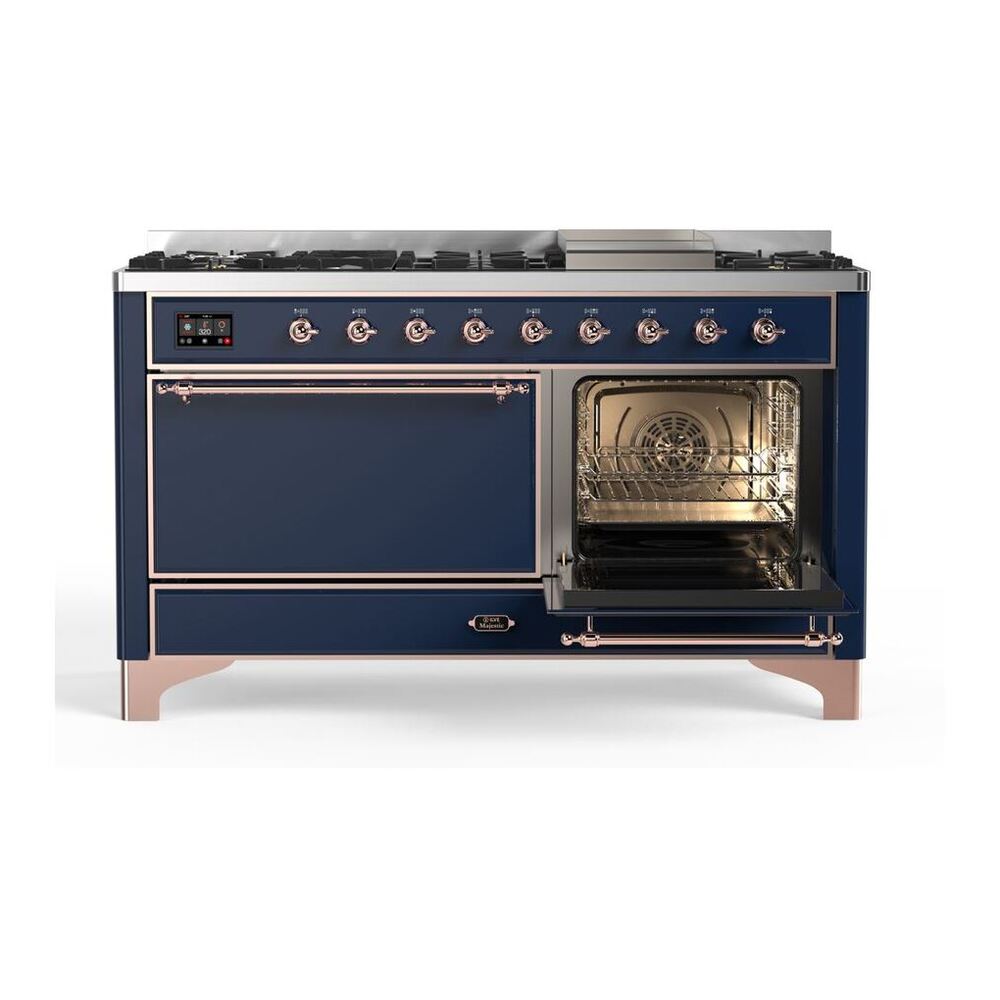 ILVE Majestic II 60 inch Solid Door Natural Gas Dual Fuel Range Copper Midnight Blue