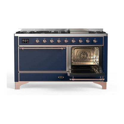 ILVE Majestic II 60 inch Solid Door Natural Gas Dual Fuel Range Copper Midnight Blue