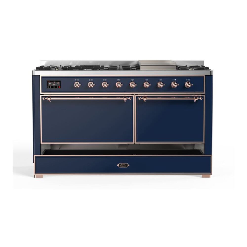 ILVE Majestic II 60 inch Solid Door Natural Gas Dual Fuel Range Copper Midnight Blue