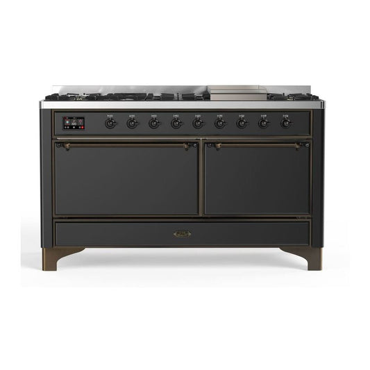 ILVE Majestic II 60" Graphite Matte Dual Fuel Range with 9 Burners and Griddle Solid Door Natural Gas