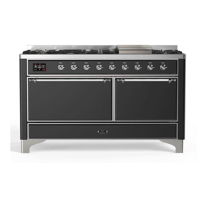 ILVE Majestic II 60 inch Solid Door Natural Gas Dual Fuel Range Chrome Graphite Matte