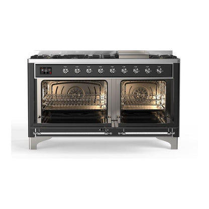 ILVE Majestic II 60 inch Solid Door Natural Gas Dual Fuel Range Chrome Graphite Matte