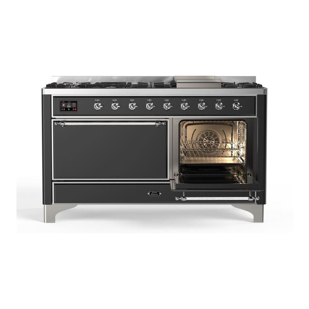 ILVE Majestic II 60 inch Solid Door Natural Gas Dual Fuel Range Chrome Graphite Matte