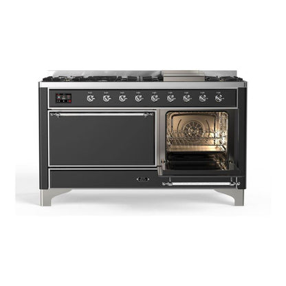 ILVE Majestic II 60 inch Solid Door Natural Gas Dual Fuel Range Chrome Graphite Matte