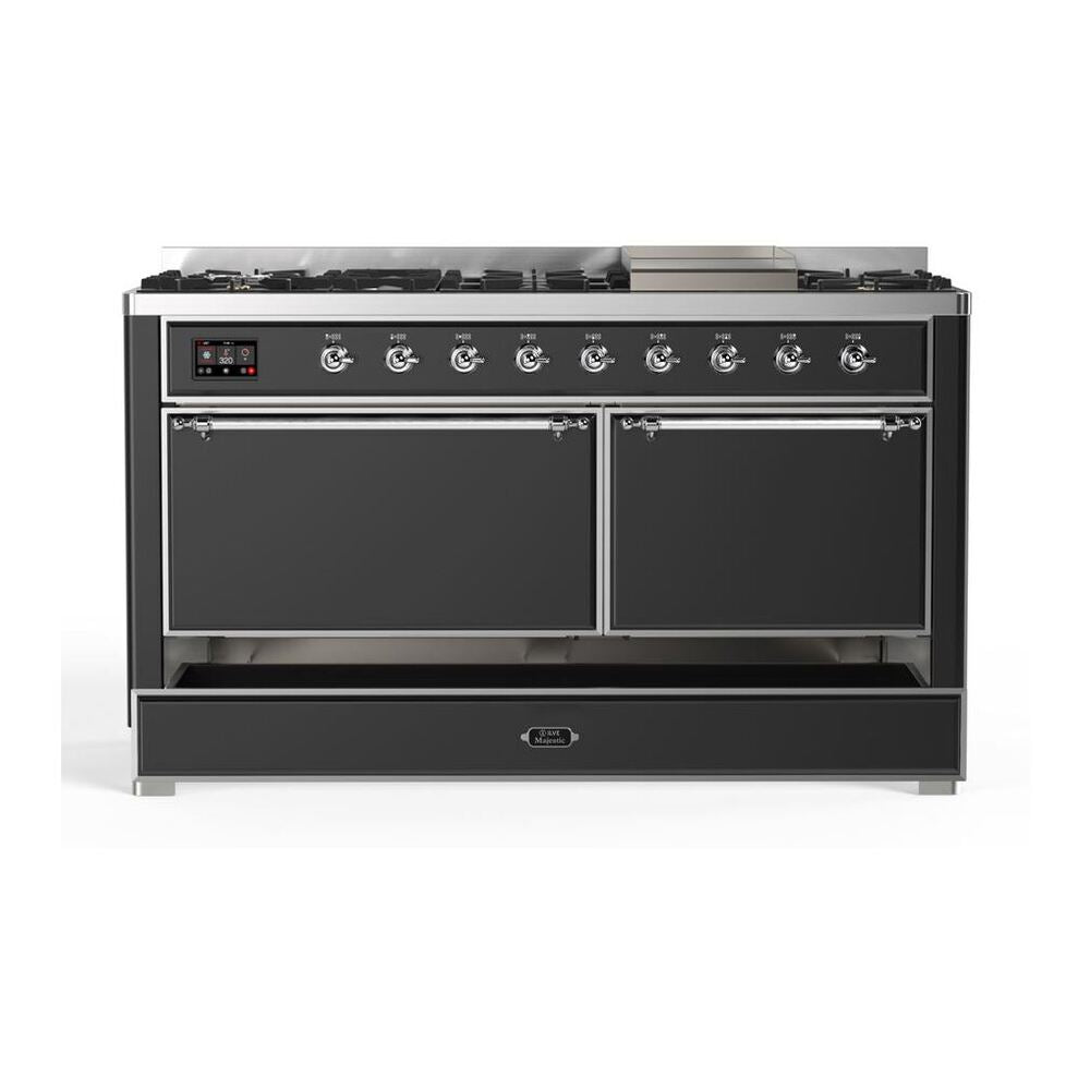 ILVE Majestic II 60 inch Solid Door Natural Gas Dual Fuel Range Chrome Graphite Matte