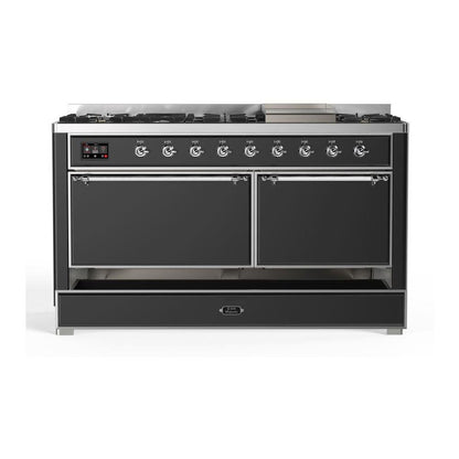 ILVE Majestic II 60 inch Solid Door Natural Gas Dual Fuel Range Chrome Graphite Matte