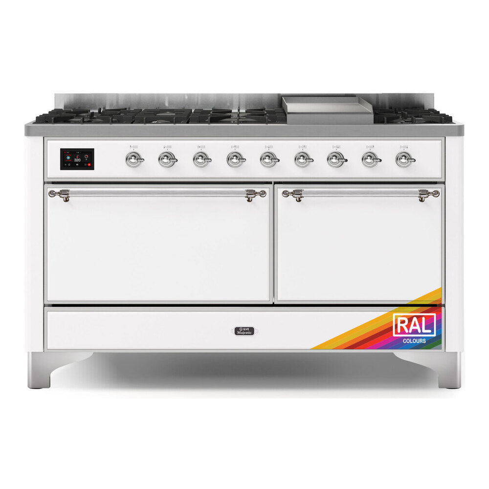 ILVE Majestic II 60" RAL Dual Fuel Range with 9 Burners and Griddle Solid Door Natural Gas